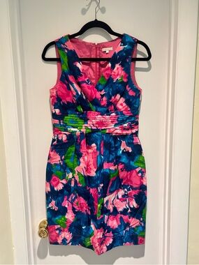 Shoshanna Pink, Blue & Green Floral V-Neck Silk-blend Sheath Dress Size 4